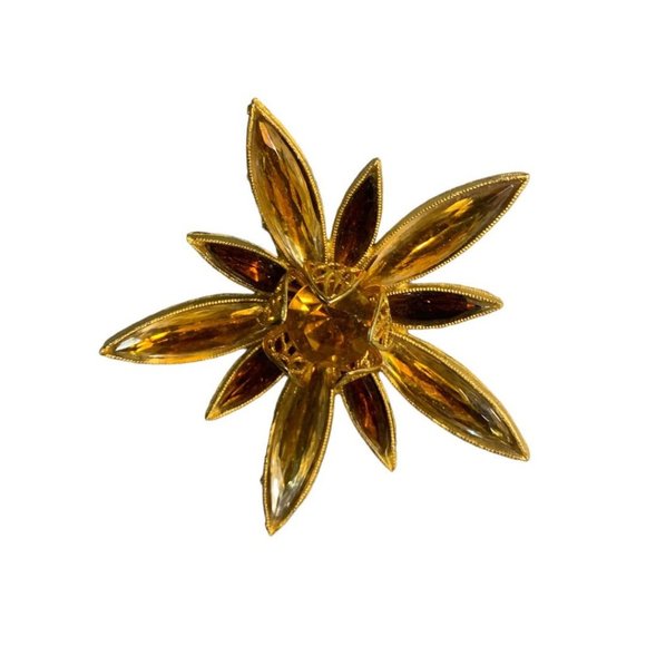 Vintage Goldtone Star Flower Brooch Amber Glass 2" Diameter Pin Retro - Picture 3 of 7